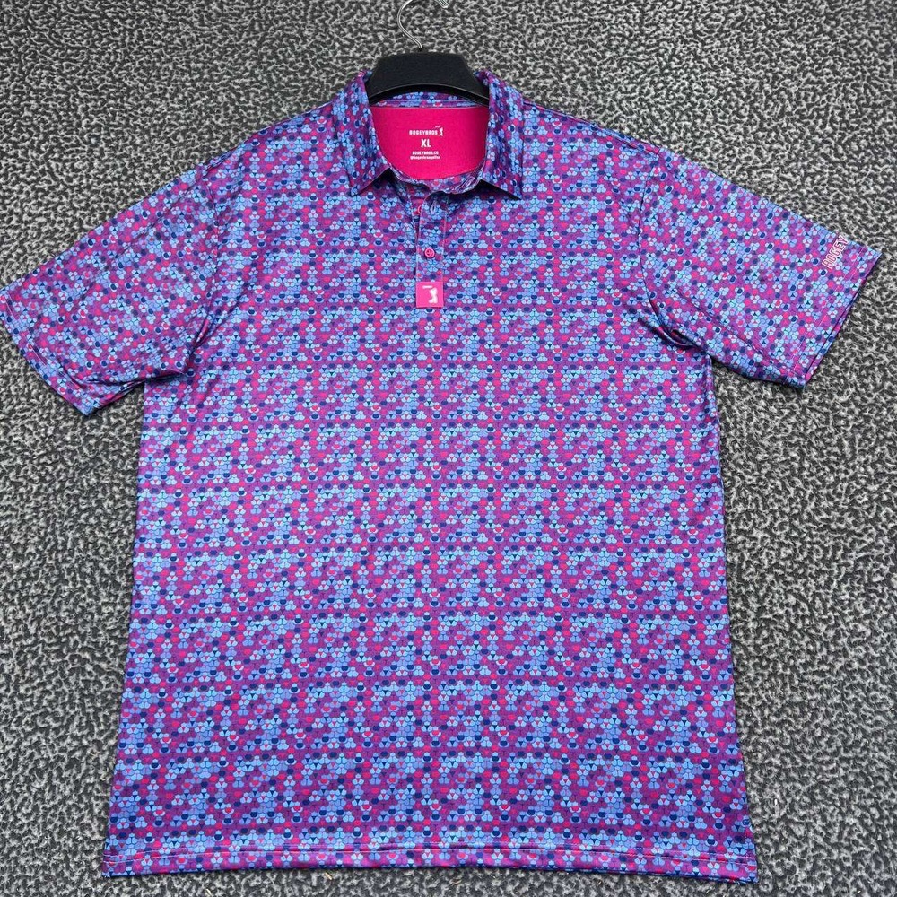 Bogey Bros Golf Polo Shirt Men XL Pink Blue Geometric Pattern Short Sleeve